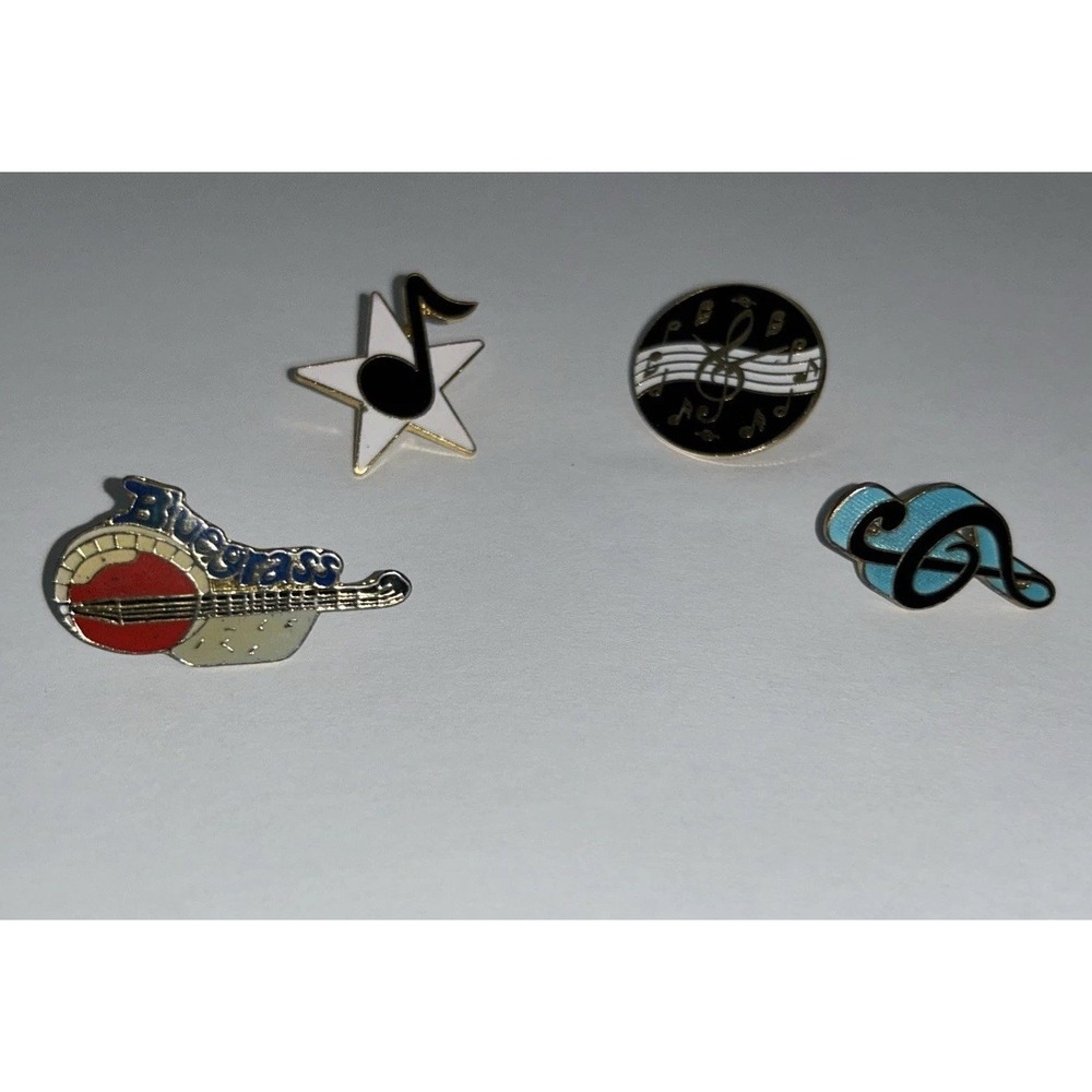 Vintage Music Enamel Pin Lot of 4 - Treble Clef, Blues Guitar, Star, Notes 1990s